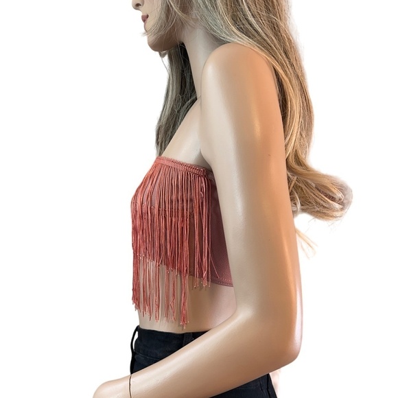 PLT Fringe Tassel Bandeau Crop Top Dusty Pink Sexy Club Wear Made in UK - Picture 6 of 12